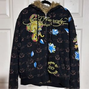 Ed hardy Christian Audigier faux fur zip up hoodie